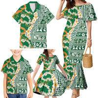 Hawaiian Plumeria Lei Family Matching Mermaid Dress and Hawaiian Shirt Kakau Motifs and Palaka Half Style Green Color - Polynesian Pride