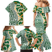 Hawaiian Plumeria Lei Family Matching Mermaid Dress and Hawaiian Shirt Kakau Motifs and Palaka Half Style Green Color - Polynesian Pride