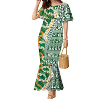 Hawaiian Plumeria Lei Family Matching Mermaid Dress and Hawaiian Shirt Kakau Motifs and Palaka Half Style Green Color - Polynesian Pride
