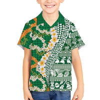 Hawaiian Plumeria Lei Family Matching Mermaid Dress and Hawaiian Shirt Kakau Motifs and Palaka Half Style Green Color - Polynesian Pride