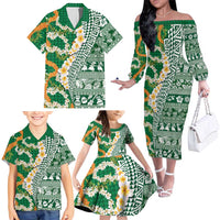 Hawaiian Plumeria Lei Family Matching Off The Shoulder Long Sleeve Dress and Hawaiian Shirt Kakau Motifs and Palaka Half Style Green Color - Polynesian Pride
