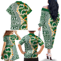 Hawaiian Plumeria Lei Family Matching Off The Shoulder Long Sleeve Dress and Hawaiian Shirt Kakau Motifs and Palaka Half Style Green Color - Polynesian Pride
