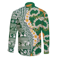 Hawaiian Plumeria Lei Family Matching Off The Shoulder Long Sleeve Dress and Hawaiian Shirt Kakau Motifs and Palaka Half Style Green Color - Polynesian Pride