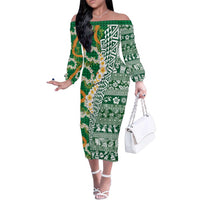 Hawaiian Plumeria Lei Family Matching Off The Shoulder Long Sleeve Dress and Hawaiian Shirt Kakau Motifs and Palaka Half Style Green Color - Polynesian Pride