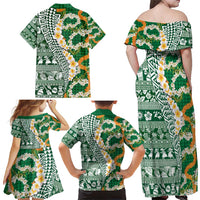 Hawaiian Plumeria Lei Family Matching Off Shoulder Maxi Dress and Hawaiian Shirt Kakau Motifs and Palaka Half Style Green Color - Polynesian Pride