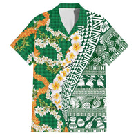 Hawaiian Plumeria Lei Family Matching Off Shoulder Maxi Dress and Hawaiian Shirt Kakau Motifs and Palaka Half Style Green Color - Polynesian Pride