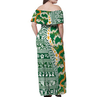 Hawaiian Plumeria Lei Family Matching Off Shoulder Maxi Dress and Hawaiian Shirt Kakau Motifs and Palaka Half Style Green Color - Polynesian Pride