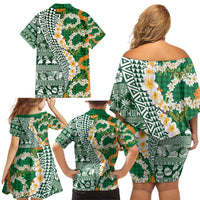 Hawaiian Plumeria Lei Family Matching Off Shoulder Short Dress and Hawaiian Shirt Kakau Motifs and Palaka Half Style Green Color - Polynesian Pride