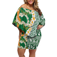Hawaiian Plumeria Lei Family Matching Off Shoulder Short Dress and Hawaiian Shirt Kakau Motifs and Palaka Half Style Green Color - Polynesian Pride
