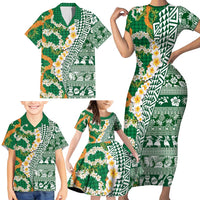 Hawaiian Plumeria Lei Family Matching Short Sleeve Bodycon Dress and Hawaiian Shirt Kakau Motifs and Palaka Half Style Green Color - Polynesian Pride