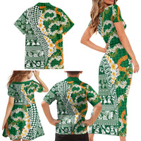 Hawaiian Plumeria Lei Family Matching Short Sleeve Bodycon Dress and Hawaiian Shirt Kakau Motifs and Palaka Half Style Green Color - Polynesian Pride