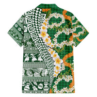 Hawaiian Plumeria Lei Family Matching Short Sleeve Bodycon Dress and Hawaiian Shirt Kakau Motifs and Palaka Half Style Green Color - Polynesian Pride