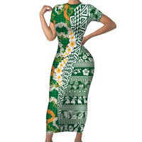 Hawaiian Plumeria Lei Family Matching Short Sleeve Bodycon Dress and Hawaiian Shirt Kakau Motifs and Palaka Half Style Green Color - Polynesian Pride