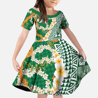 Hawaiian Plumeria Lei Family Matching Summer Maxi Dress and Hawaiian Shirt Kakau Motifs and Palaka Half Style Green Color - Polynesian Pride