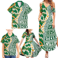 Hawaiian Plumeria Lei Family Matching Summer Maxi Dress and Hawaiian Shirt Kakau Motifs and Palaka Half Style Green Color - Polynesian Pride