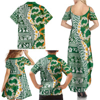 Hawaiian Plumeria Lei Family Matching Summer Maxi Dress and Hawaiian Shirt Kakau Motifs and Palaka Half Style Green Color - Polynesian Pride