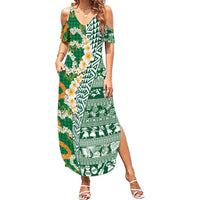 Hawaiian Plumeria Lei Family Matching Summer Maxi Dress and Hawaiian Shirt Kakau Motifs and Palaka Half Style Green Color - Polynesian Pride