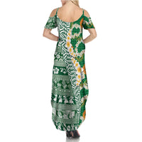 Hawaiian Plumeria Lei Family Matching Summer Maxi Dress and Hawaiian Shirt Kakau Motifs and Palaka Half Style Green Color - Polynesian Pride
