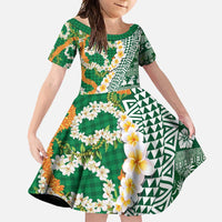 Hawaiian Plumeria Lei Family Matching Tank Maxi Dress and Hawaiian Shirt Kakau Motifs and Palaka Half Style Green Color - Polynesian Pride