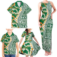 Hawaiian Plumeria Lei Family Matching Tank Maxi Dress and Hawaiian Shirt Kakau Motifs and Palaka Half Style Green Color - Polynesian Pride