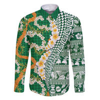 Hawaiian Plumeria Lei Family Matching Tank Maxi Dress and Hawaiian Shirt Kakau Motifs and Palaka Half Style Green Color - Polynesian Pride