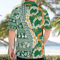 Hawaiian Plumeria Lei Hawaiian Shirt Kakau Motifs and Palaka Half Style Green Color - Polynesian Pride