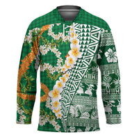 Hawaiian Plumeria Lei Hockey Jersey Kakau Motifs and Palaka Half Style Green Color - Polynesian Pride