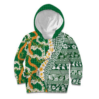 Hawaiian Plumeria Lei Kid Hoodie Kakau Motifs and Palaka Half Style Green Color - Polynesian Pride