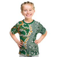 Hawaiian Plumeria Lei Kid T Shirt Kakau Motifs and Palaka Half Style Green Color - Polynesian Pride