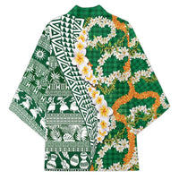 Hawaiian Plumeria Lei Kimono Kakau Motifs and Palaka Half Style Green Color - Polynesian Pride