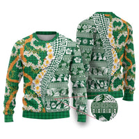 Hawaiian Plumeria Lei Ugly Christmas Sweater Kakau Motifs and Palaka Half Style Green Color - Polynesian Pride