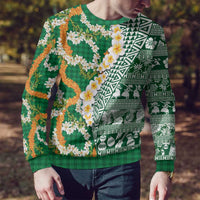 Hawaiian Plumeria Lei Ugly Christmas Sweater Kakau Motifs and Palaka Half Style Green Color - Polynesian Pride