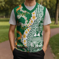 Hawaiian Plumeria Lei Christmas Knitted V-Neck Vest Kakau Motifs and Palaka Half Style Green Color - Polynesian Pride