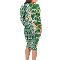 Hawaiian Plumeria Lei Long Sleeve Bodycon Dress Kakau Motifs and Palaka Half Style Green Color - Polynesian Pride