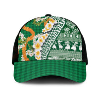 Hawaiian Plumeria Lei Mesh Trucker Cap Kakau Motifs and Palaka Half Style Green Color - Polynesian Pride