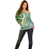 Hawaiian Plumeria Lei Off Shoulder Sweater Kakau Motifs and Palaka Half Style Green Color - Polynesian Pride