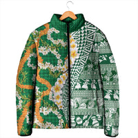 Hawaiian Plumeria Lei Padded Jacket Kakau Motifs and Palaka Half Style Green Color LT03 - Polynesian Pride