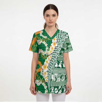 Hawaiian Plumeria Lei Scrub Top Kakau Motifs and Palaka Half Style Green Color LT03 - Polynesian Pride