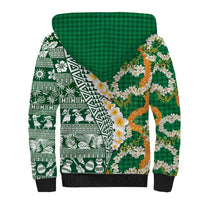 Hawaiian Plumeria Lei Sherpa Hoodie Kakau Motifs and Palaka Half Style Green Color - Polynesian Pride