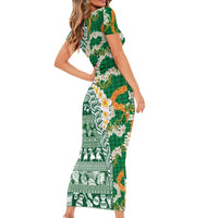 Hawaiian Plumeria Lei Short Sleeve Bodycon Dress Kakau Motifs and Palaka Half Style Green Color - Polynesian Pride