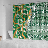 Hawaiian Plumeria Lei Shower Curtain Kakau Motifs and Palaka Half Style Green Color - Polynesian Pride