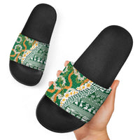 Hawaiian Plumeria Lei Slide Sandals Kakau Motifs and Palaka Half Style Green Color - Polynesian Pride