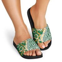 Hawaiian Plumeria Lei Slide Sandals Kakau Motifs and Palaka Half Style Green Color - Polynesian Pride
