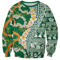 Hawaiian Plumeria Lei Sweatshirt Kakau Motifs and Palaka Half Style Green Color LT03 Unisex Green - Polynesian Pride