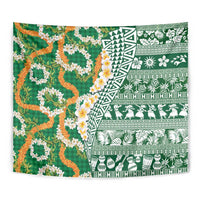 Hawaiian Plumeria Lei Tapestry Kakau Motifs and Palaka Half Style Green Color - Polynesian Pride