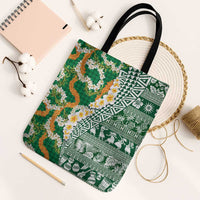 Hawaiian Plumeria Lei Tote Bag Kakau Motifs and Palaka Half Style Green Color - Polynesian Pride