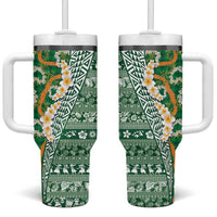 Hawaiian Plumeria Lei Tumbler With Handle Kakau Motifs and Palaka Half Style Green Color - Polynesian Pride