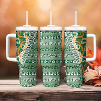 Hawaiian Plumeria Lei Tumbler With Handle Kakau Motifs and Palaka Half Style Green Color - Polynesian Pride