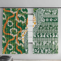 Hawaiian Plumeria Lei Window Curtain Kakau Motifs and Palaka Half Style Green Color - Polynesian Pride