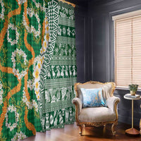 Hawaiian Plumeria Lei Window Curtain Kakau Motifs and Palaka Half Style Green Color - Polynesian Pride